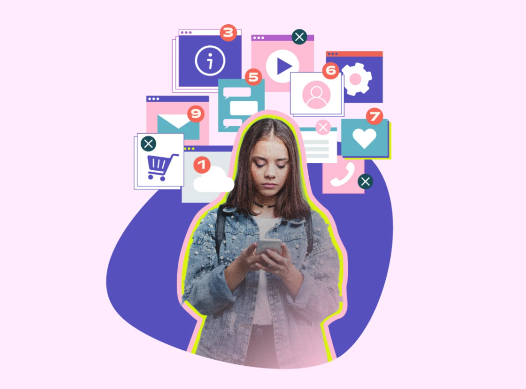 Une fille qui regarde son téléphone. Au-dessus de sa tête, des icônes d'applications et de notifications animées sont en rose, mauve et vert.