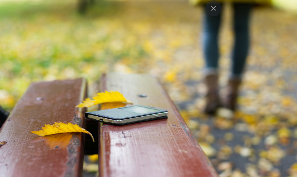Un téléphone sur une table de bois dans un sentier de randonnée pendant l'automne.